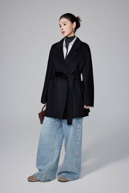 Women's Black Mid - length Robe - style Double - faced Wool Coat | Petite - Friendly, High - end Elegance - 幽兹