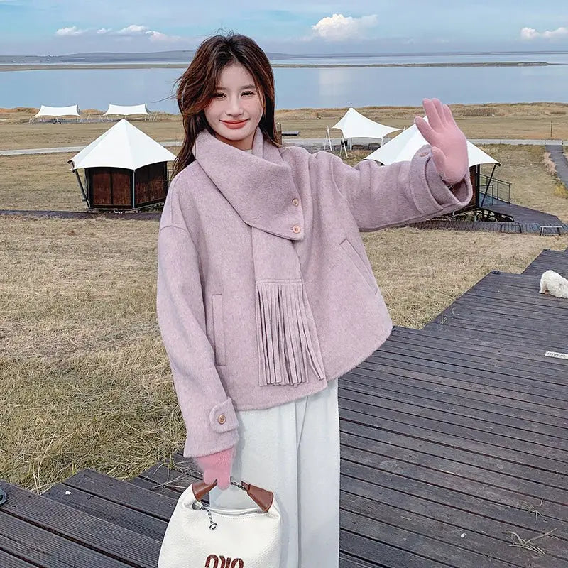 Autumn and Winter New Double - sided Cashmere Coat for Women, Short - length with Detachable Scarf, Woolen Jacket - 幽兹