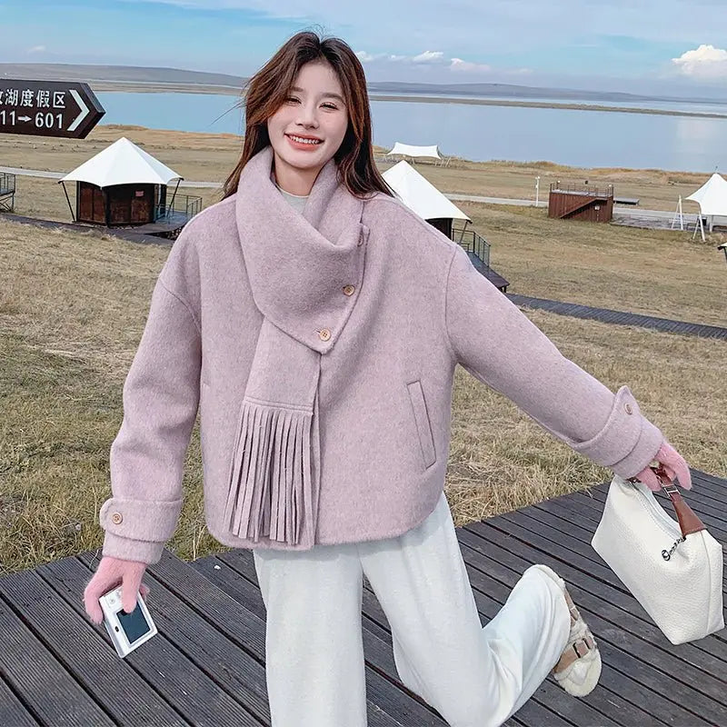 Autumn and Winter New Double - sided Cashmere Coat for Women, Short - length with Detachable Scarf, Woolen Jacket - 幽兹