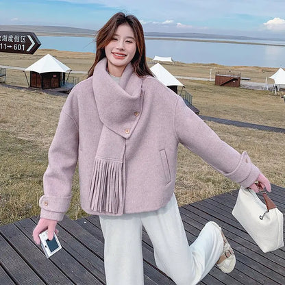 Autumn and Winter New Double - sided Cashmere Coat for Women, Short - length with Detachable Scarf, Woolen Jacket - 幽兹