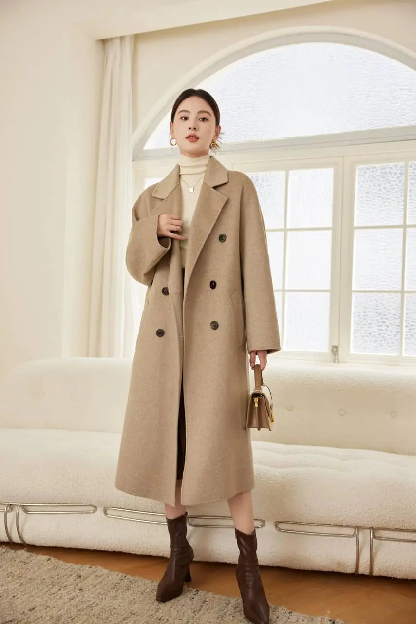 Max801 Khaki Double - faced Cashmere Coat | 2024 Autumn/Winter Long Double - breasted Woolen Jacket - 幽兹