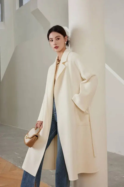 Women's White M Labbro Robe - Style Double - faced Cashmere Coat | Long Belted Woolen Jacket - 幽兹