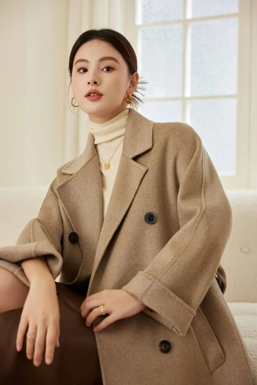 Max801 Khaki Double - faced Cashmere Coat | 2024 Autumn/Winter Long Double - breasted Woolen Jacket - 幽兹